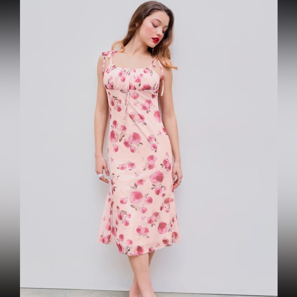 Cider Blush Pink Floral Midi Slip Dress with Tie Straps